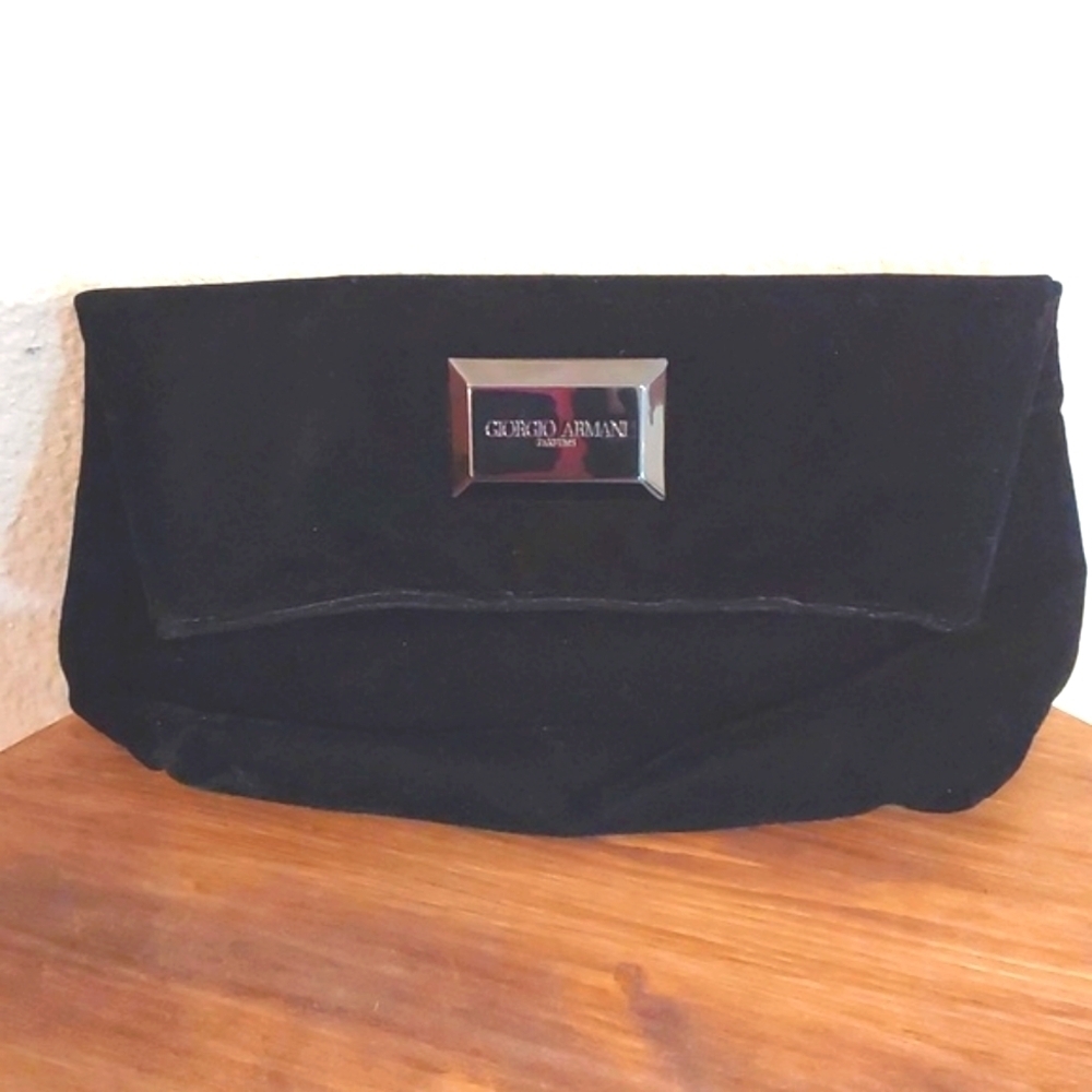 Giorgio Armani Black Velvet Clutch EVENING BAG Snap closure Luxe Neutral purse